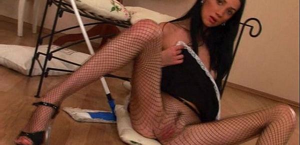  Sexy maid teases you, strips down showing her natural tots and tight pussy